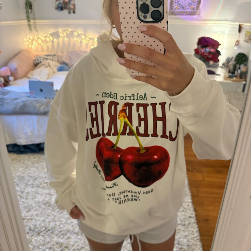 Aelfric Eden White Hoodie with Red Cherry Graphic
